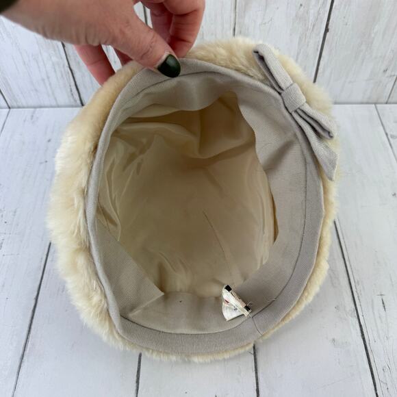 VTG Amrose Beige Gray Fur Pillbox Cloch Hat with Bow 1950\'s 1960\'s One Size main image 6